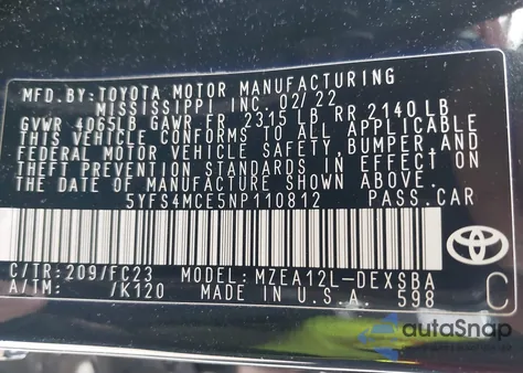 2022 Toyota Corolla Se z USA, uszkodzony, nr VIN 5YFS4MCE5NP110812